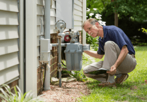 An inspector crouches to examine an outdoor gas meter.
