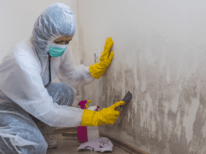 Mold remediation expert in personal protective equipment, scrubbing a moldy wall