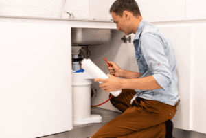 A plumber inspects an under-sink water filtration system