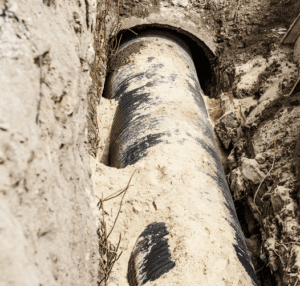 A buried corrugated pipe for sewer or drain cleaning is exposed in a trench