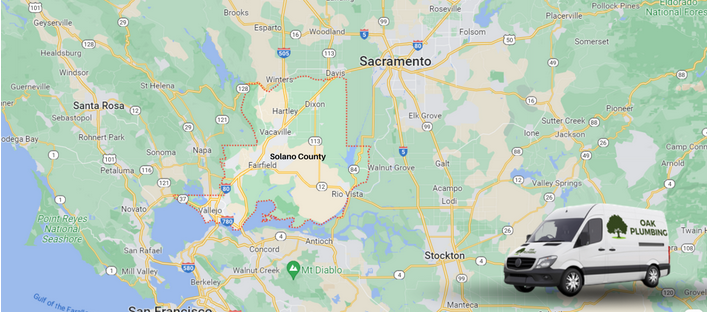 solano county outlined on map with oak plumbing car in the corner